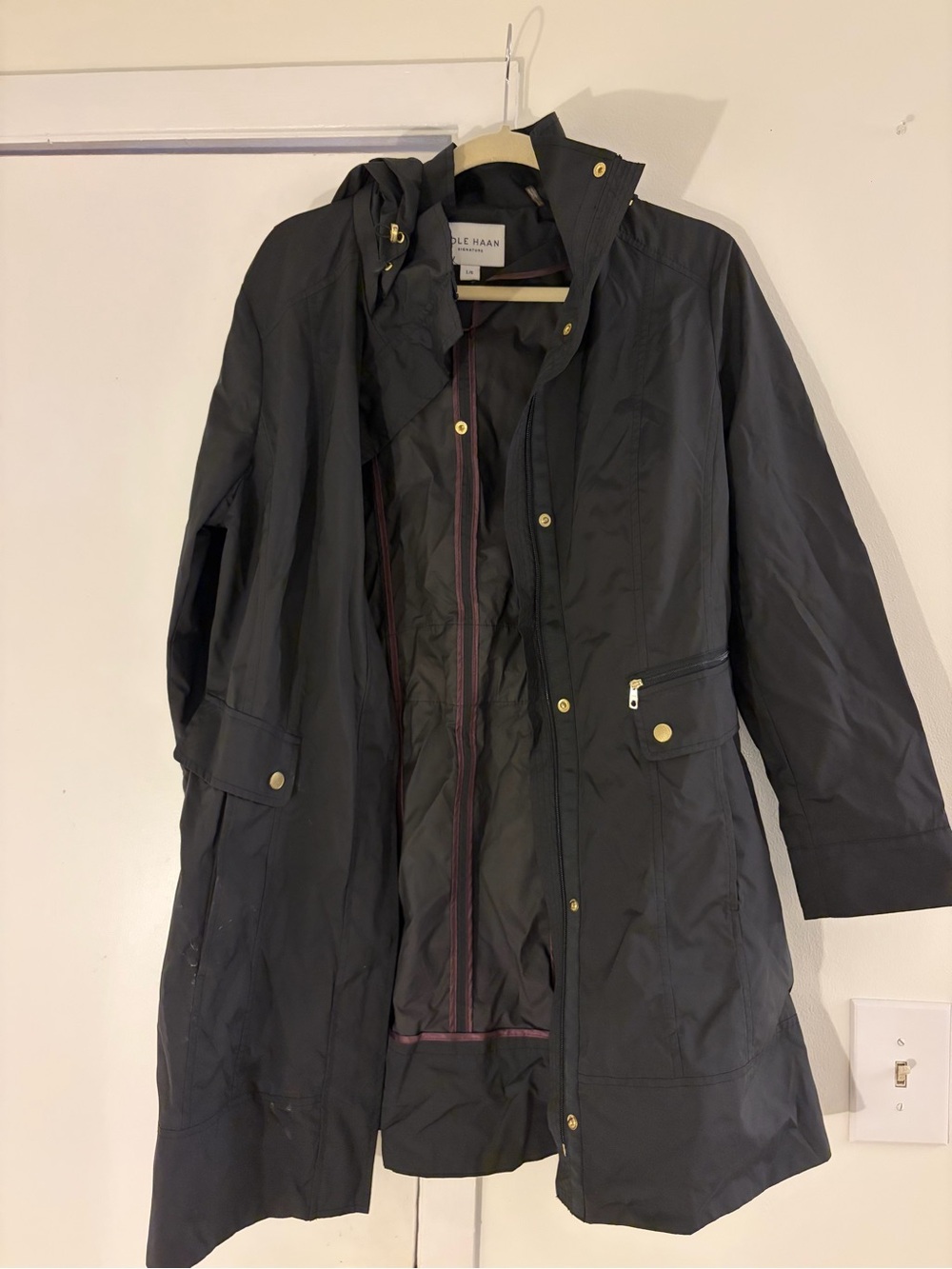 Cole Haan Black Hooded Lightweight Trench Coat